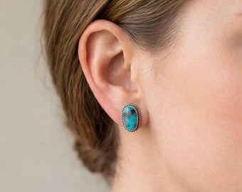Turquoise Stud Earrings, Sterling Silver Oval Studs, Minimalist Gemstone Jewelry, Gift for Her