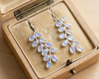 Rainbow Moonstone Dangle Earrings | Sterling Silver Leaf Earrings | Handmade Botanical Jewelry Gift for Women