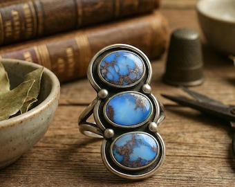 Blue Hill Turquoise Sterling Silver Ring • Triple Stone Full Finger Design