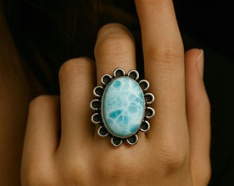 Natural Larimar Ring • Oval Ocean Blue Gemstone • Floral Sterling Silver Ring • Boho Statement Jewelry • Gift for Women