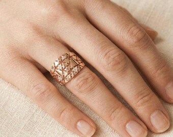 Geometric Rose Gold Moissanite Ring | Art Deco Statement Band