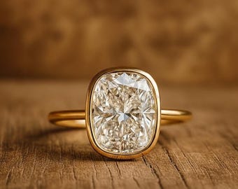 Kissen Moissanit Goldring • Moderne Lünette Solitär • Einzigartiger minimaler Verlobungsring.