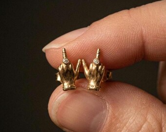 Sterling Silver Hand Sign Stud Earrings with Moissanite • Minimalist Gold Gesture Studs