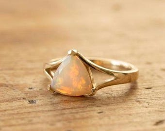 Natural Ethiopian Opal Trillion Cut Engagement Ring • Gold Solitaire Promise Ring