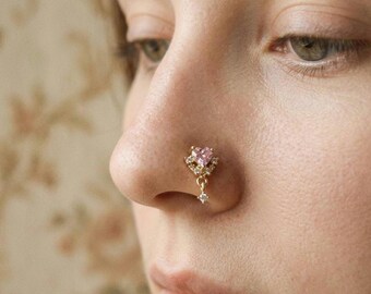 Piercing de nariz de moissanita en forma de corazón, colgante de piedra rosa, joyería minimalista dorada