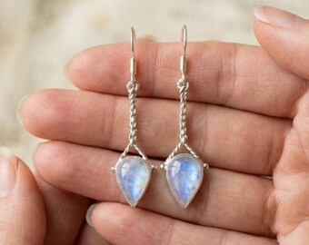Rainbow Moonstone Teardrop Earrings, Sterling Silver Dangle, Minimalist Gemstone Jewelry