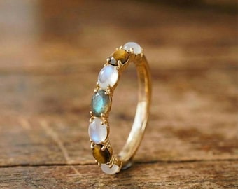 Anillo de media eternidad con múltiples piedras preciosas • Piedra lunar, ojo de tigre, labradorita • Banda de plata de ley