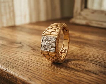 Men's Gold Moissanite Cluster Signet Ring | Textured Band Statement Jewelry
