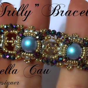 May include: A close-up of a beaded bracelet with a gold and silver design. The bracelet features iridescent blue beads and is labeled "Trilly" Bracelet, Giannella Gau Designer.
