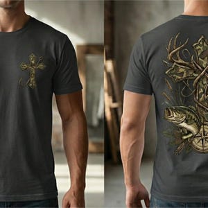 Camo cross hunting and fishing design featuring a detailed camouflage cross wrapped with antlers, a deer buck, a largemouth bass, and a compass illustration. Outdoor faith-themed PNG artwork for t-shirt sublimation and apparel printing.
