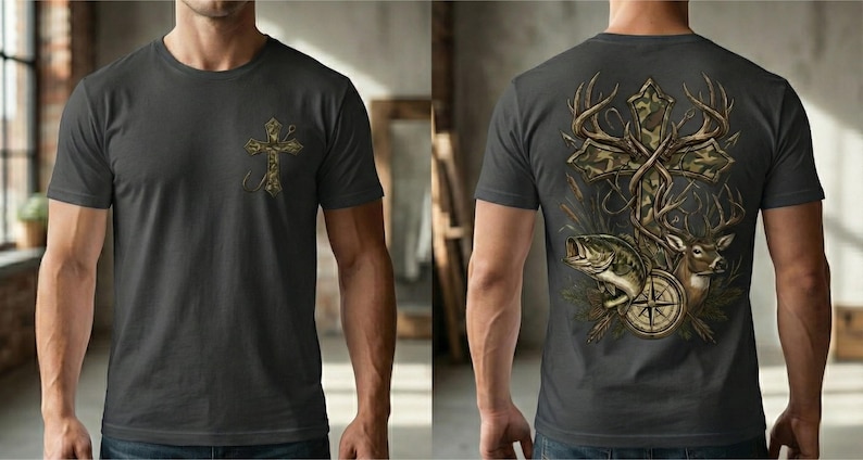 Camo cross hunting and fishing design featuring a detailed camouflage cross wrapped with antlers, a deer buck, a largemouth bass, and a compass illustration. Outdoor faith-themed PNG artwork for t-shirt sublimation and apparel printing.