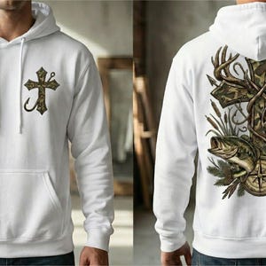 Camo cross hunting and fishing design featuring a detailed camouflage cross wrapped with antlers, a deer buck, a largemouth bass, and a compass illustration. Outdoor faith-themed PNG artwork for t-shirt sublimation and apparel printing.