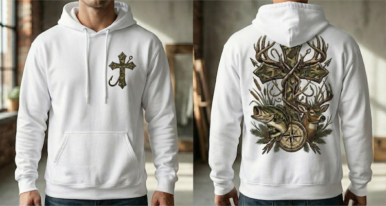 Camo cross hunting and fishing design featuring a detailed camouflage cross wrapped with antlers, a deer buck, a largemouth bass, and a compass illustration. Outdoor faith-themed PNG artwork for t-shirt sublimation and apparel printing.