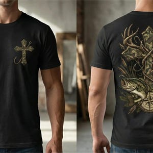 Camo cross hunting and fishing design featuring a detailed camouflage cross wrapped with antlers, a deer buck, a largemouth bass, and a compass illustration. Outdoor faith-themed PNG artwork for t-shirt sublimation and apparel printing.