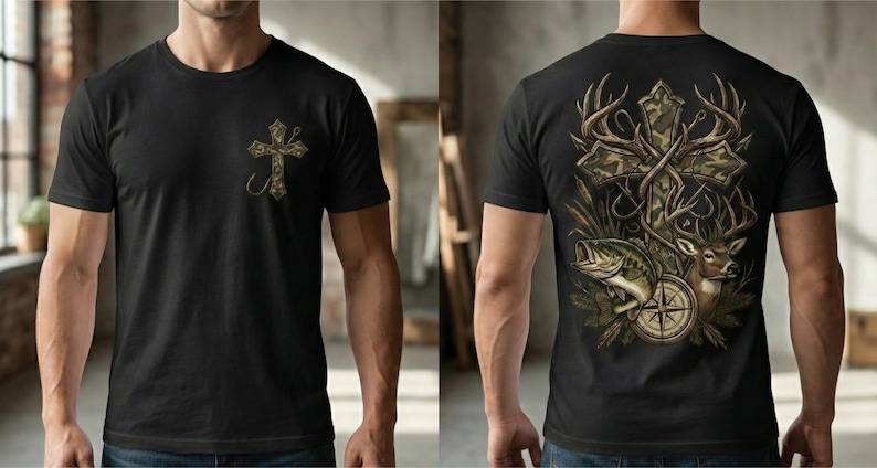 Camo cross hunting and fishing design featuring a detailed camouflage cross wrapped with antlers, a deer buck, a largemouth bass, and a compass illustration. Outdoor faith-themed PNG artwork for t-shirt sublimation and apparel printing.