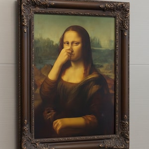 Funny Mona Lisa Bathroom Wall Art, Pinching Nose Print, Humorous Bathroom Decor, Altered Art, Digital Download, Quirky Renaissance Parody