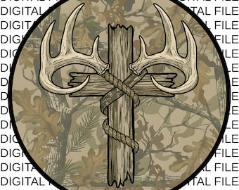 May include: A digital file featuring a cross made of wood, with deer antlers and rope accents. The cross is set against a camouflage background within a black circle. The words "DIGITAL FILE" are printed around the circle.