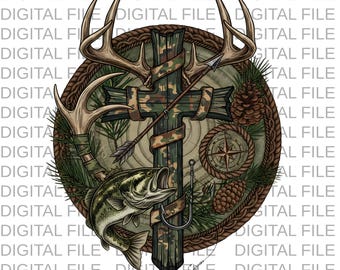 Bass Fishing Camo Cross PNG - Conception de la foi chrétienne en plein air, Croix rustique du pêcheur imprimable, téléchargement haute résolution