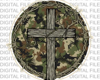 May include: A digital file featuring a wooden cross with deer antlers and fishing hooks, set against a camouflage background. The cross is encircled by barbed wire, with the words "DIGITAL FILE" repeated around the image.
