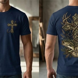 Camo cross hunting and fishing design featuring a detailed camouflage cross wrapped with antlers, a deer buck, a largemouth bass, and a compass illustration. Outdoor faith-themed PNG artwork for t-shirt sublimation and apparel printing.