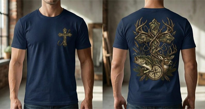 Camo cross hunting and fishing design featuring a detailed camouflage cross wrapped with antlers, a deer buck, a largemouth bass, and a compass illustration. Outdoor faith-themed PNG artwork for t-shirt sublimation and apparel printing.