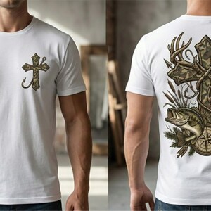 Camo cross hunting and fishing design featuring a detailed camouflage cross wrapped with antlers, a deer buck, a largemouth bass, and a compass illustration. Outdoor faith-themed PNG artwork for t-shirt sublimation and apparel printing.