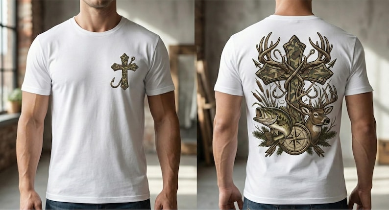 Camo cross hunting and fishing design featuring a detailed camouflage cross wrapped with antlers, a deer buck, a largemouth bass, and a compass illustration. Outdoor faith-themed PNG artwork for t-shirt sublimation and apparel printing.