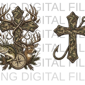 Camo cross hunting and fishing design featuring a detailed camouflage cross wrapped with antlers, a deer buck, a largemouth bass, and a compass illustration. Outdoor faith-themed PNG artwork for t-shirt sublimation and apparel printing.