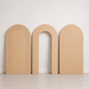 May include: Three tall, light brown, arched panels made of wood. The left panel features a series of concentric, recessed arch lines. The middle panel is an open archway frame. The right panel is a solid, smooth, flat-surfaced arch panel.