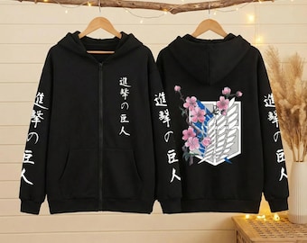 Bluza z kapturem zapinana na zamek inspirowana Atak Tytanów | Kurtka Survey Corps Wings of Freedom | Odzież uliczna w stylu anime | Uniseksowy pułk zwiadowczy | Grafika kanji na rękawach