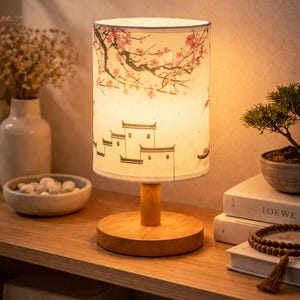 Może przedstawiać: Cylindryczna lampa stołowa z drewnianą podstawą i trzonem. Klosz przedstawia malowniczy wzór wioski z kwiatami wiśni. Lampa stoi na drewnianej powierzchni z innymi elementami dekoracyjnymi.