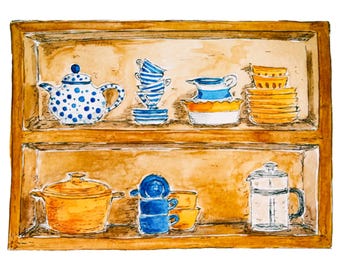 Aquarelle sur l'étagère de la cuisine du cottage : vaisselle nostalgique, faitout, presse-café