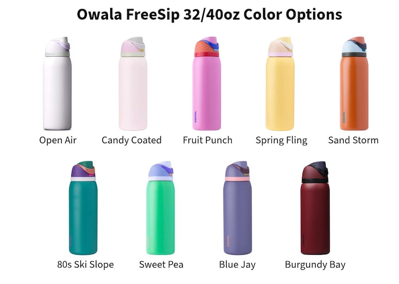 a collection of 12 colorful water bottles, each with a different color and design, arranged in a grid.