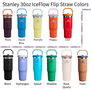 a collection of 16 Stanley 30oz ice flow flip straws in various colors, including pink, black, green, blue, and red.