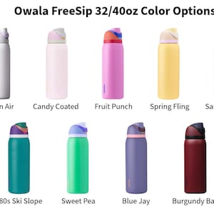 a collection of eight different colored freeSip 32/40oz water bottles, each with a unique color and design.