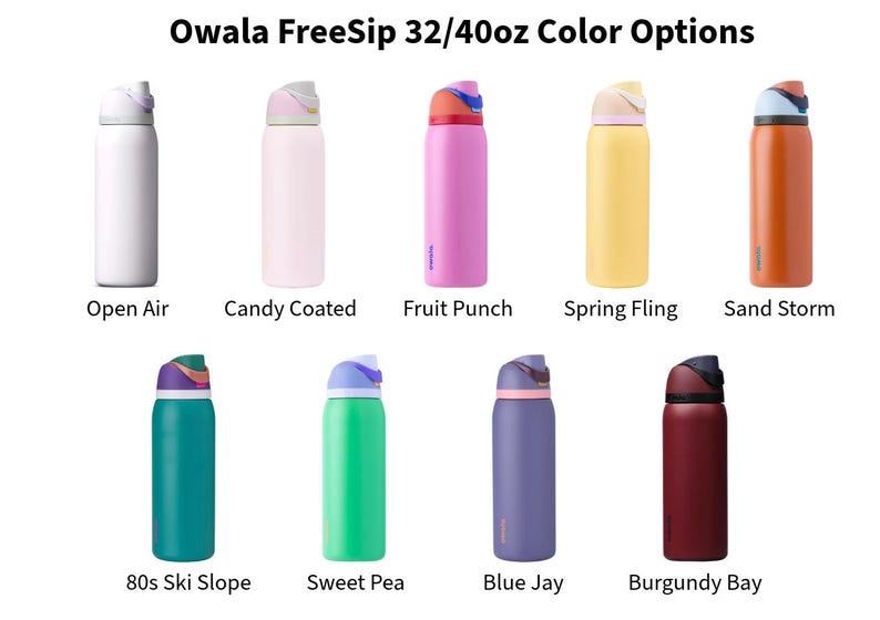 a collection of eight different colored freeSip 32/40oz water bottles, each with a unique color and design.