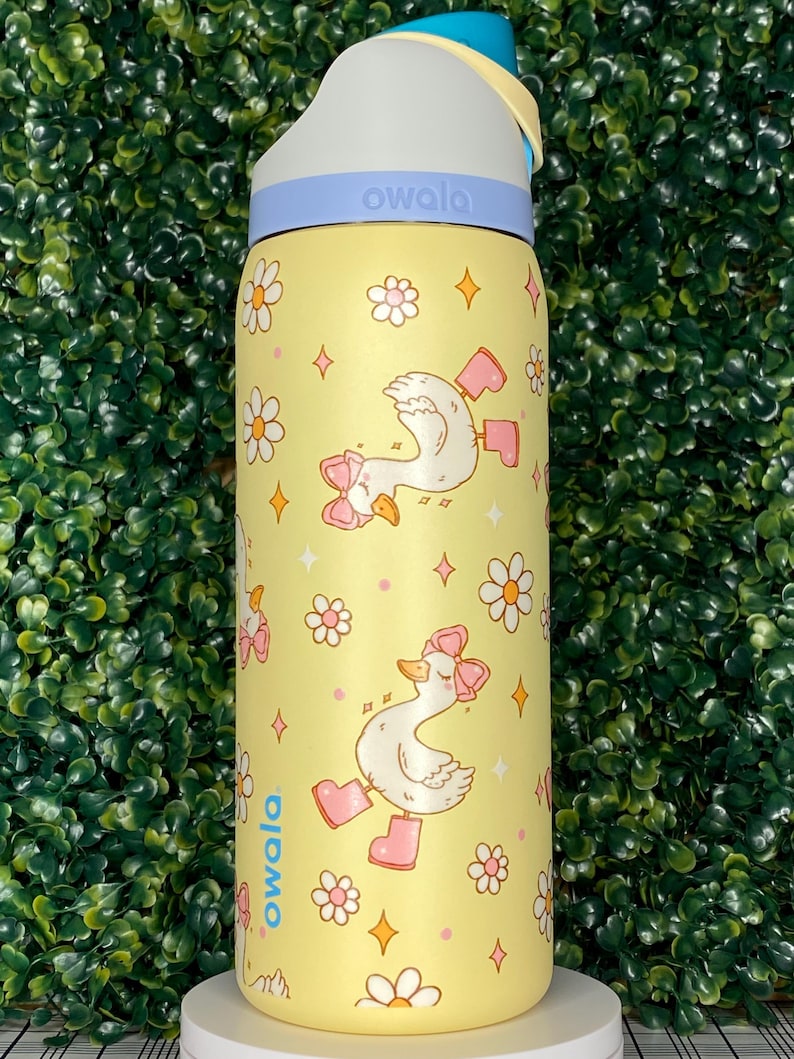 Boot Scootin’ Goose Owala FreeSip | Cute Goose Tumbler | Pink Rainboots Design | 32oz or 40oz Owala | UV DTF Wrap | Hand Wash Only image 1