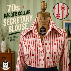 May include: A white long-sleeve blouse featuring a red vertical striped pattern with small red floral motifs. The garment has a large pointed dagger collar and a front button-down closure. The text 70s DAGGER COLLAR SECRETARY BLOUSE GEO / FLORAL PRINT is visible on the left side of the image.