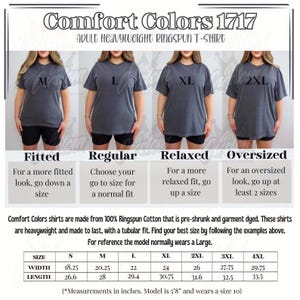 Puede incluir: Gr&aacute;fico de una camiseta Comfort Colors 1717 para adultos, de tejido ringspun pesado. La imagen muestra ejemplos de tallas: Ajustada, Regular, Relajada y Sobredimensionada. Incluye una tabla de tallas.