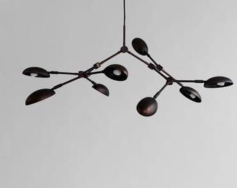 Handmade 1950s Mid Century Modern 8 Arms Brass Sputnik Ceiling Light | Carved Shade Living Room Dining Room Pendant Fixture