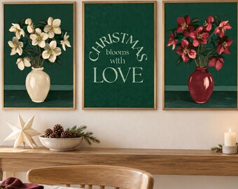 Christmas Wall Art Set of 3 Red and White Hellebore Prints Christmas Blooms with Love Dark Green Floral Posters Unframed