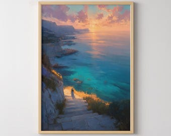 Coastal Sunset Wall Art Woman by the Sea Poster Beach House Decor Turquoise Ocean Landscape Print Mediterranean Coastal Artwork Gift for Her
