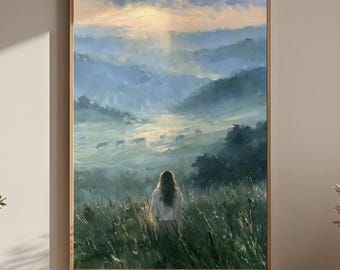 Horse Pasture Wall Art Woman Watching Horses Painting Impressionist Countryside Poster Equestrian Decor Peaceful Landscape Print Gift Nature