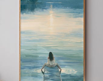 Lake Wall Art Woman Sitting on Dock Painting Peaceful Blue Landscape Poster Impressionist Water Art Serene Lake House Decor Gift