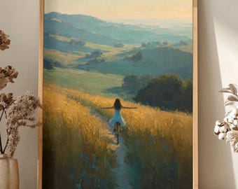 Woman Riding Bicycle Through Meadow Poster Freedom Wall Art Golden Field Landscape Print Cottagecore Decor Gift for Her Countryside Artwork