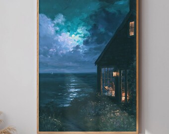Dark Academia Decor Moody Coastal Wall Art Moonlit Ocean Poster Cozy Cottage Painting Night Seascape Rolled Art Print Nautical Wall Art