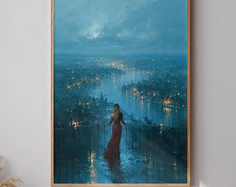 Moody Feminine Decor Woman Overlooking City Wall Art Blue Cityscape Poster Red Dress Painting Night Skyline Statement Piece Women in Red Art