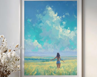 Woman Dancing in Meadow Poster Freedom Wall Art Summer Landscape Print Wanderlust Decor Dreamy Field Artwork Vacation Home Gift for Her