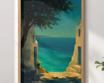 Woman Reading by the Sea Poster Coastal Wall Art Beach House Decor Santorini Reading Nook Print Turquoise Ocean Cottagecore Gift for Her