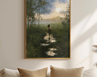 Gift For Her Woman Wall Art Moody Landscape Poster After Rain Painting Feminine Nature Art Dark Green Cottagecore Wall Decor Misty Woodland